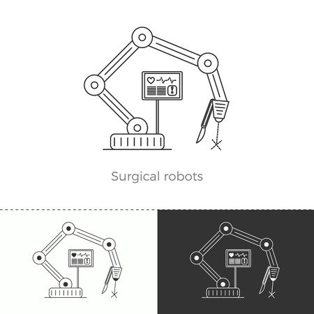 Vector illustration of future medicine trend. Medical gadgets and technological innovations. Thin line concept icon. Surgical robots.のイラスト素材