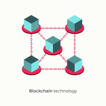 Blockchain technology concept. Cubic nodes connected by chain. Isometric vector illustration of distributed database for cryptography, virtual money, secure e-business or web security.のイラスト素材