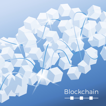 Blockchain technology concept. Isometric vector illustration of distributed database for cryptography, virtual money, secure e-business or web security. Background of cubic nodes with sparkles and connection lines.のイラスト素材