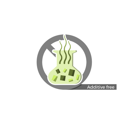 Additives free label. Vector illustration in flat design and eco-style colors. Icon of a flask, crossed by "no"-symbol. Also suitable for colourants, flavorings or other chemistry.のイラスト素材