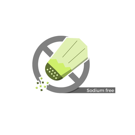 Sodium free food label. Vector illustration in flat design and eco-style colors. Icon of a salt cellar, crossed by "no"-symbol.のイラスト素材