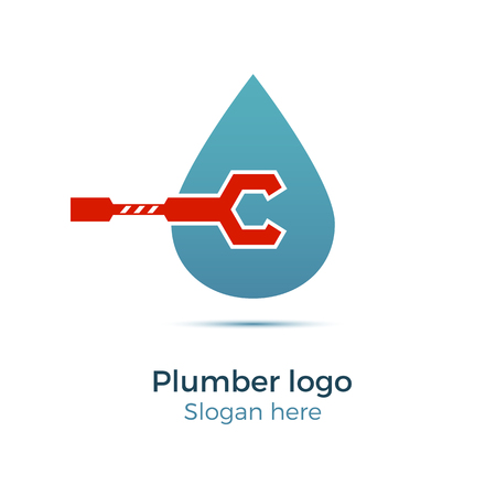 Plumbing company logo vector concept. Illustration for plumber's business. Simple and stylish logotype - water drop with wrench.のイラスト素材