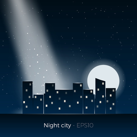 Night city silhouette vector illustration. Town on a horizon, lighted with moon and beam from the sky. Stars and sparkling particles included. Stylish design and colors.のイラスト素材