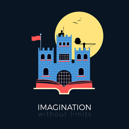 Imagination without limits: fantasy castle concept. Flat design vector illustration. Medieval fortress with knight, catapult and flag, standing on opened book. Simple and stylish, isolated on black background.のイラスト素材