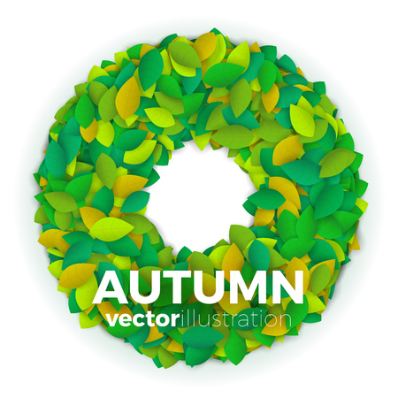 Summer or autumn leaves banner concept. Round shape wreath of colorful leaves with text block. Bright and stylish. Vector illustration background.のイラスト素材
