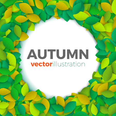 Summer or autumn leaves banner concept. Round shape space with border of colorful leaves with text block. Bright and stylish. Vector illustration background or frame.のイラスト素材