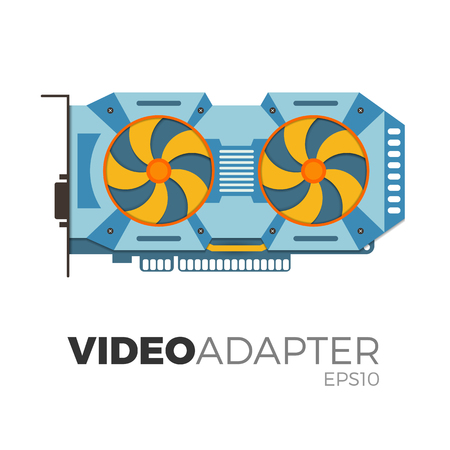 Vector illustration of video graphics card (video adapter). Flat, realistic design. Illustration of computer equipment for cryptocurrency (bitcoin) mining. Detailed and isolated on white background.のイラスト素材