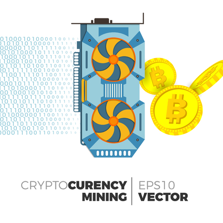 Video graphics card producing cryptocurrency coins vector concept. Bitcoin mining with GPU illustration. Realistic style, isolated on white background.のイラスト素材