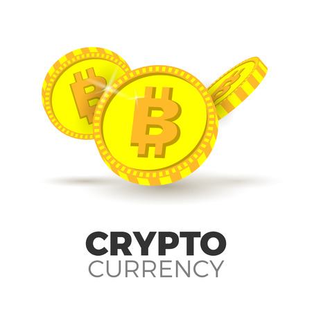 Golden bitcoin coins falling from above. Vector icons for cryptocurrency, virtual currency, digital money and ecash. Illustration in realistic style. Business concept, finance and internet online payment system. Isolated on white background.のイラスト素材
