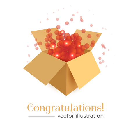 Yellow cardboard open box with round shaped confetti explosion. Vector illustration isolated on white background. 3D realistic style, with light effects. Congratulations or holiday concept.のイラスト素材