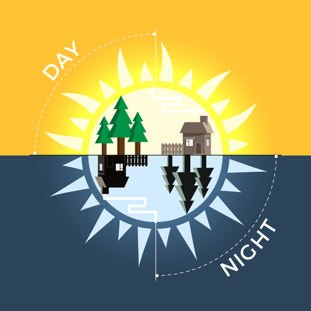 Day and night vector concept. Sky divided in halves with sun and moon. Illustration of time, daylight cycle. Flat design, isolated, good for motion design.のイラスト素材