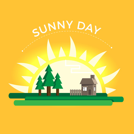 Illustration of a sunny day in rural landscape. Sunrise in green meadow with house and trees. Flat design, isolated.のイラスト素材