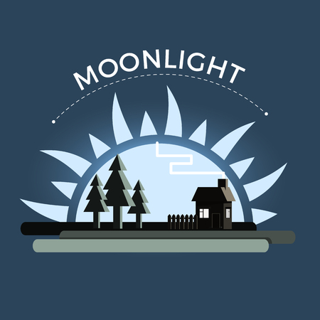 Vector illustration of a night with moonlight in rural landscape. Moon in green meadow with house and trees. Flat design, isolated.のイラスト素材