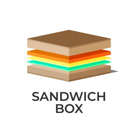 Vector logo for on-the-go restaurant. Illustration of a sandwich box. Isolated on white background, isometric style. Emblem for fast food business or bar.のイラスト素材