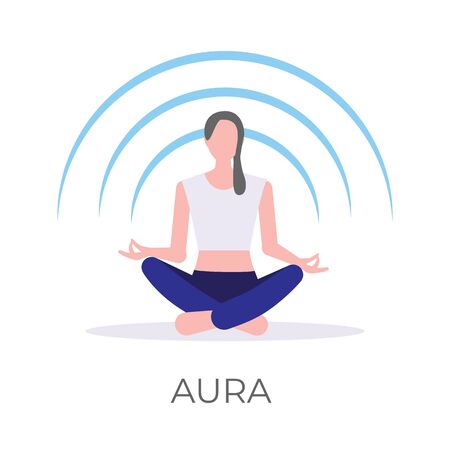 Vector illustration of a girl rebalancing her mental aura in a relaxing lotus yoga pose. Isolated on white background.のイラスト素材