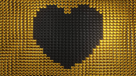 Abstract background of black and golden hearts, aligned as sewing pattern. 3D backdrop illustration for Valentines day.の写真素材