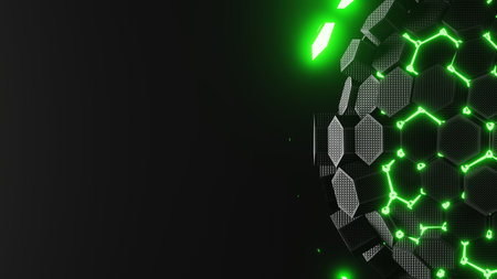 Background has futuristic design with black and green hexagons, giving a techinspired lookの写真素材