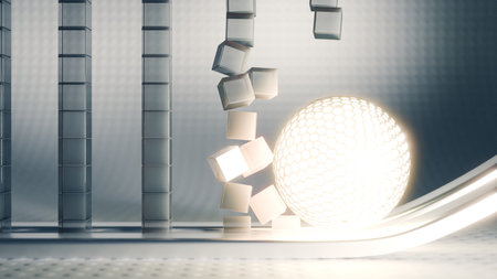 Explore 3D scene with falling cubes, glowing sphere for dynamic, futuristic aestheticの写真素材