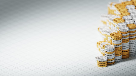 A 3D Render Illustration of Stacks of Growing Coins that Symbolize Financial Success and Ongoing...