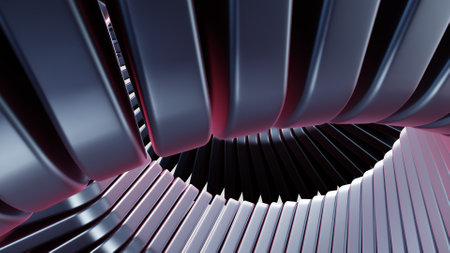 Swirling waves of silver metallic plates with red highlights. Spiral curve structure as an mecha tentacle. 3D background.の写真素材