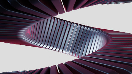 Explore the spiral wave tunnel: silver metallic plates intertwined with red highlights in a breathtaking 3D layoutの写真素材
