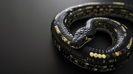 A strikingly Elegant Black and Gold Snake is gracefully displayed on a Dark Surface for visual impactの写真素材
