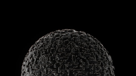 Hemispheric black structure with intricate cellular surface patterning, rendered in dramatic monochromatic style.の写真素材