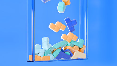 Transparent Glass Container with Falling Multicolored Puzzle Pieces