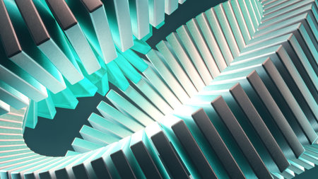 An Abstract Spiral Structure Crafted in Teal and Silver Colors, Featuring a Strikingly Visually Engaging Designの写真素材