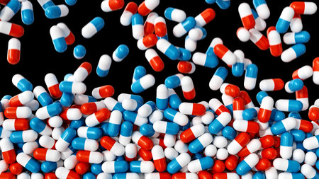 A Vibrant Array of Colorful Capsules Placed on a Dramatic Black Background for Visual Impact and...
