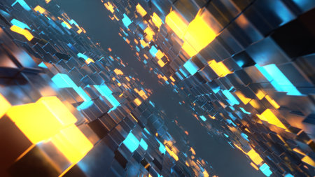 Abstract digital tunnel with glowing cubes and data flow perspective for web interfaces and...
