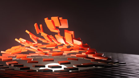 Side perspective of red tiles rising from dark 3D grid under glowing sphere effectの写真素材