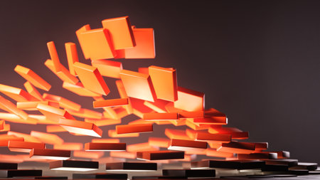 Close-up of red tiles flying above dark surface in abstract 3D transformation sceneの写真素材