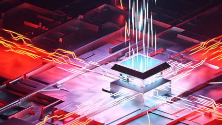 Futuristic microchip concept with glowing data streams and energy flowsの写真素材