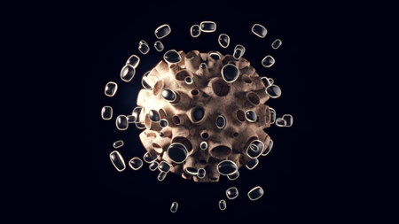 Abstract spherical structure emitting floating particles in a calm 3D science visualizationの写真素材