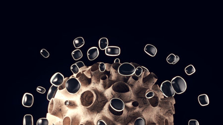 Immune cell releasing glowing compounds into fluid space in 3D medical simulationの写真素材