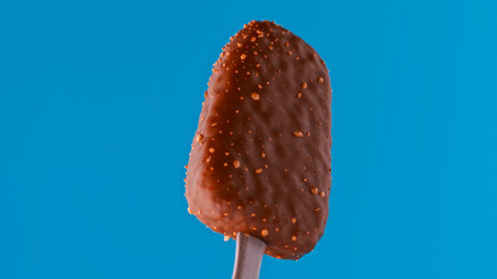 Chocolate ice cream bar with nut coating on bright blue background