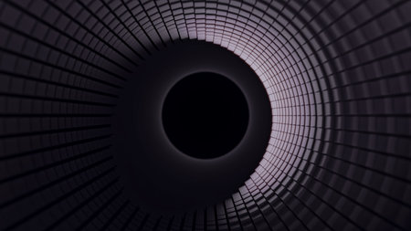 Geometric tunnel with glowing grid tiles curving toward central void in dark 3D space