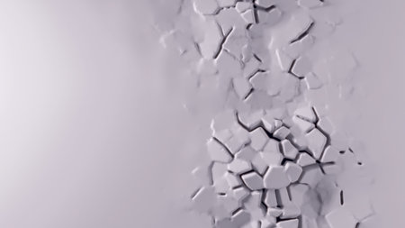Polygonal crack spreading downward on matte gray surface in abstract 3D render