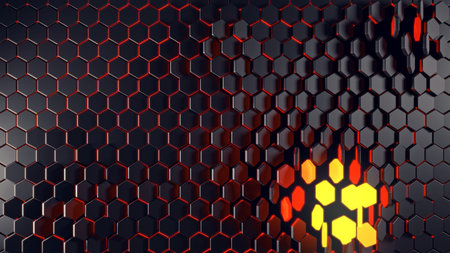 An EyeCatching Hexagonal Pattern Featuring Fiery Highlights Set Against a Dark Background for...