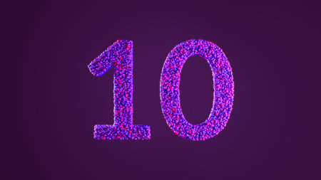 Number 10 made of vibrant glowing particles on dark purple background