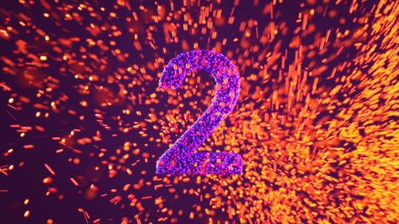 Number 2 formed by luminous spheres with fiery orange spark explosion effectの写真素材