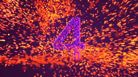 Number 4 made of glowing particles with vivid explosion of orange spark trails