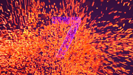 Glowing number 7 surrounded by dynamic burst of orange and red particles