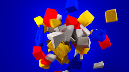 Flying textured blocks in vibrant primary colors on blue abstract backdrop