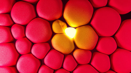 Adipose cell cluster with glowing thermal effect in red and orange spherical structure