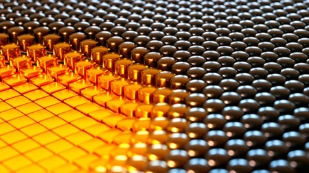 Metallic surface with glowing cubes and glossy spheres in warm lightの写真素材