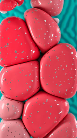 colorful candy cluster, vibrant red candies on turquoise background, bright red candy bundles...