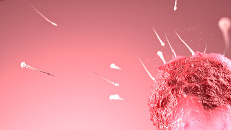 Sperm cells approaching human egg cell in detailed 3D medical visualizationの写真素材