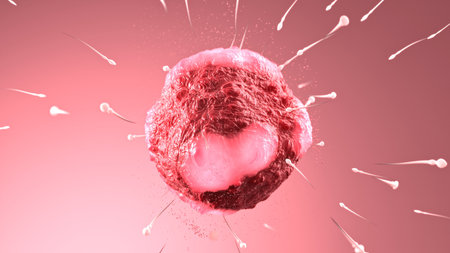 Microscopic 3D render of sperm cells swimming toward a human egg in soft pink environmentの写真素材